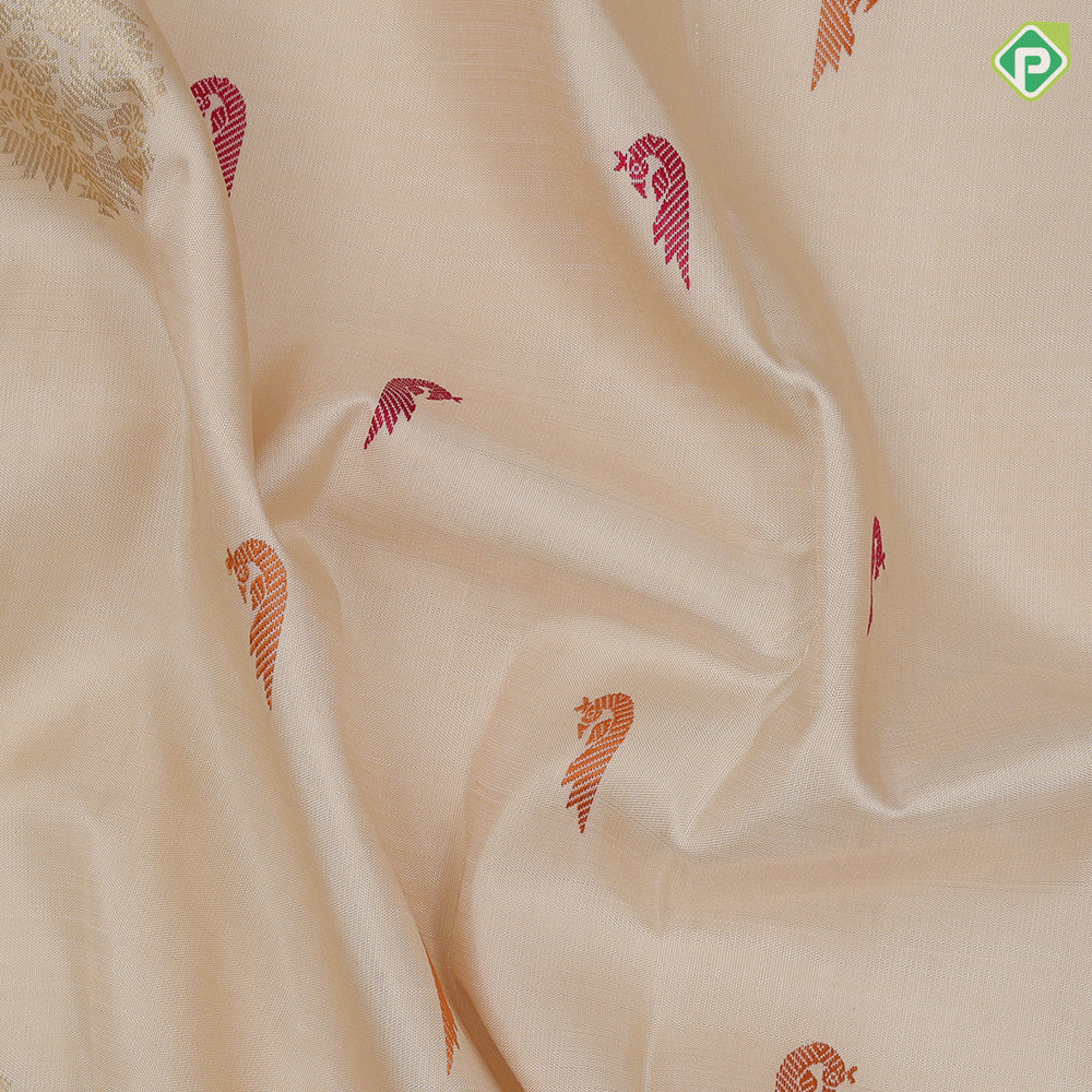 Cream White Gold Zari Manga Motif Thread Paithanic Motif Design Border Less Fancy Silk Saree