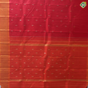 Tomato red gold zari fancy butta contrast mango yellow gold zari one side border silk saree