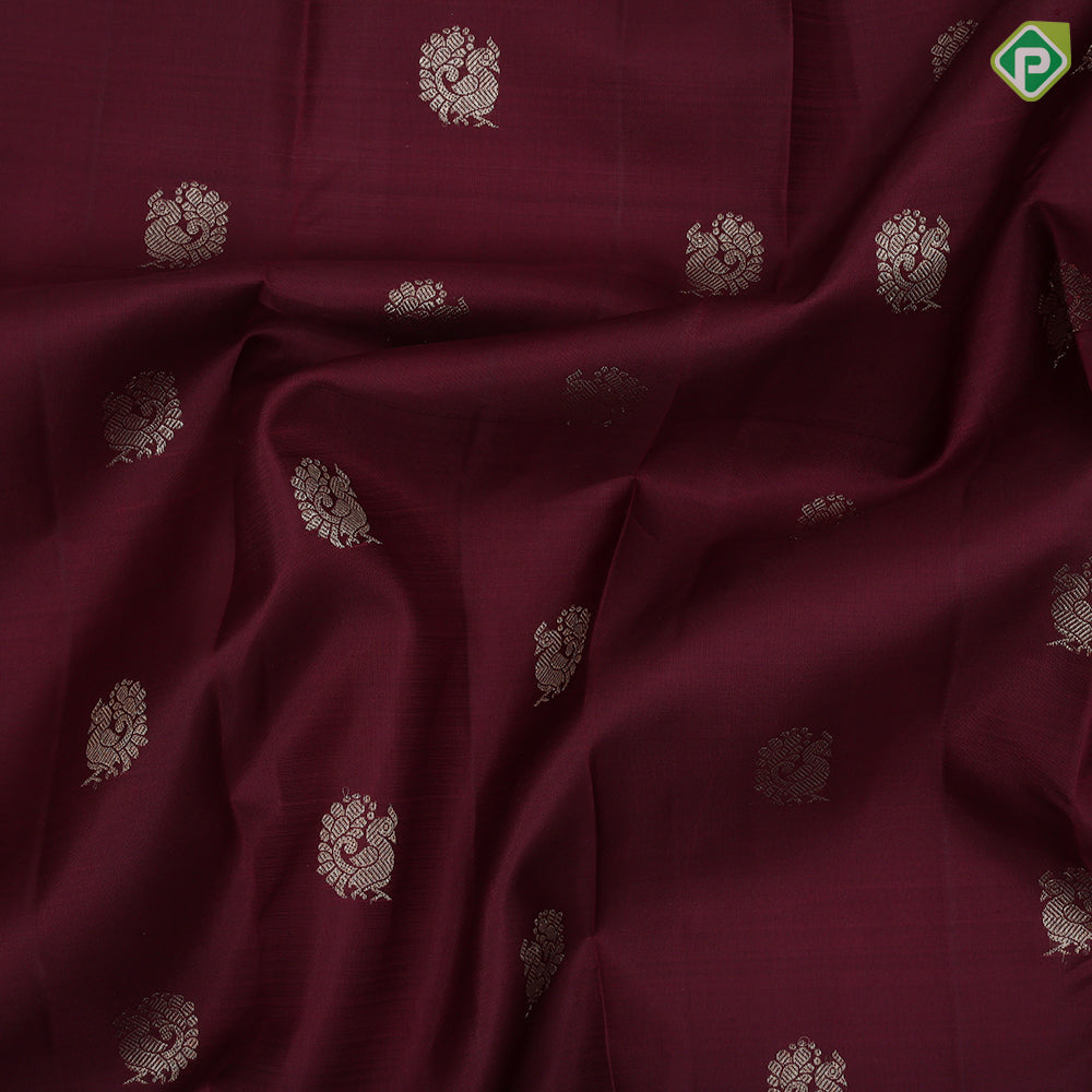 Syrup brown gold zari peacock butta design blueish grey gold zari rangoli border traditional silk saree
