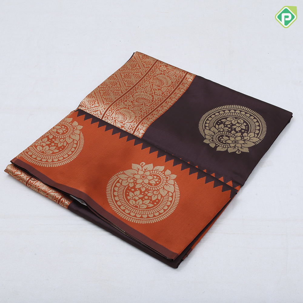 coffee brown gold zari fancy flower round butta contrast zari lines border soft silk saree