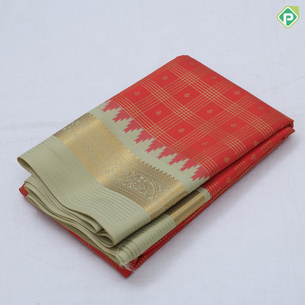 Manthulir green gold zari multi lines checks purple gold zari diamond butta temple border art silk saree
