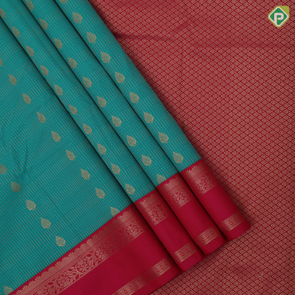 Rexona green gold zari stripes and thilagam butta design rani pink gold zari rettapet border Art silk saree