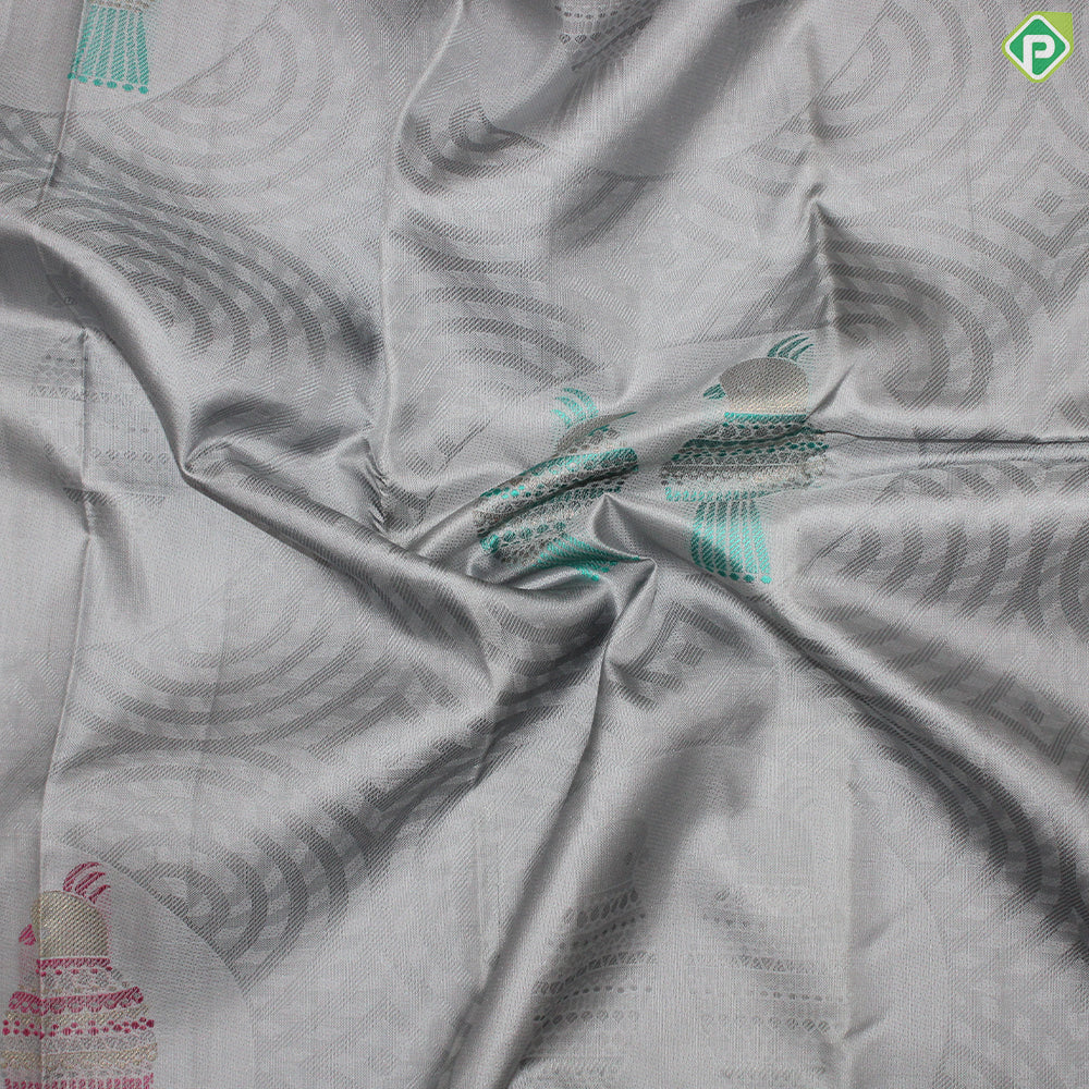 Gray Color Meena Work Parrot Design Border Less Trendy Silk Saree