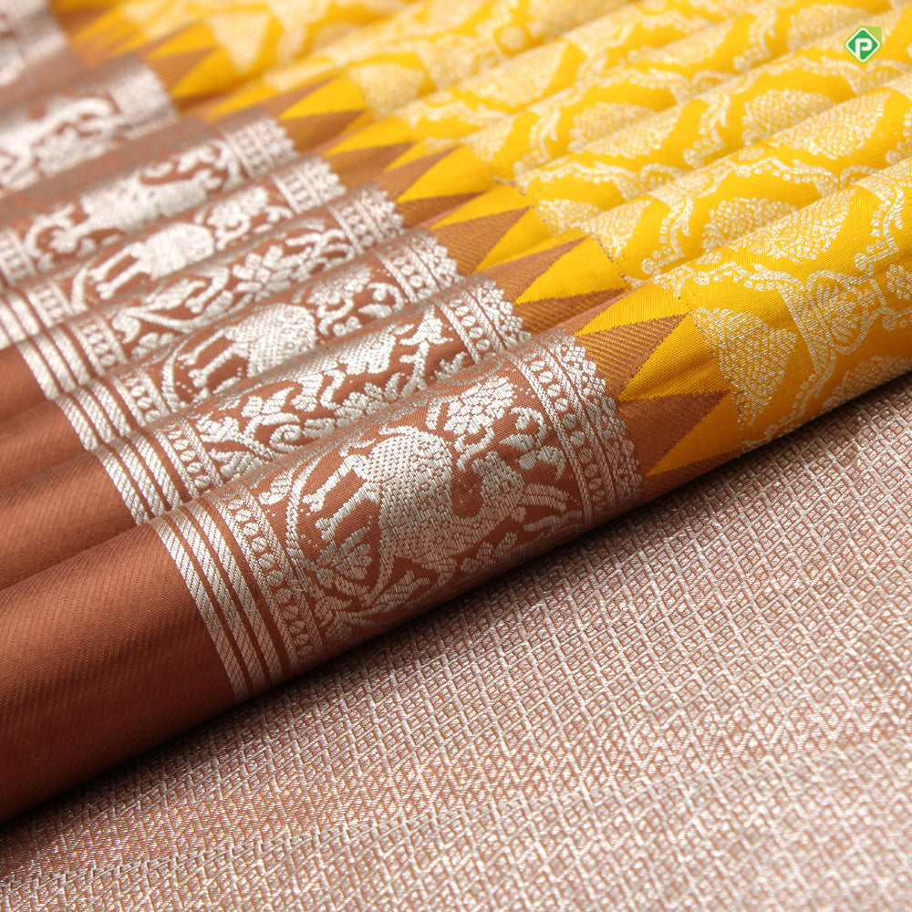 Corn Yellow With Brown Colour Thilagam Motifs Grand Wedding Silks Saree