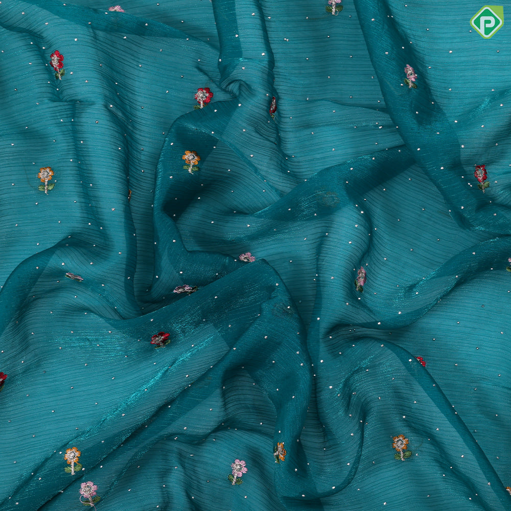 Peacock green embroidered flower and stone work design muti color cutwork border Hollywood fancy saree