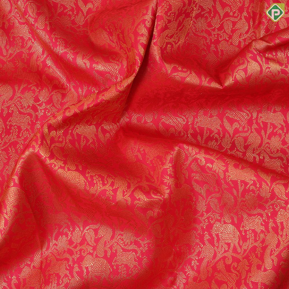 tomato red with gold zari vanasingaram design self gold zari border grand bridal silk saree