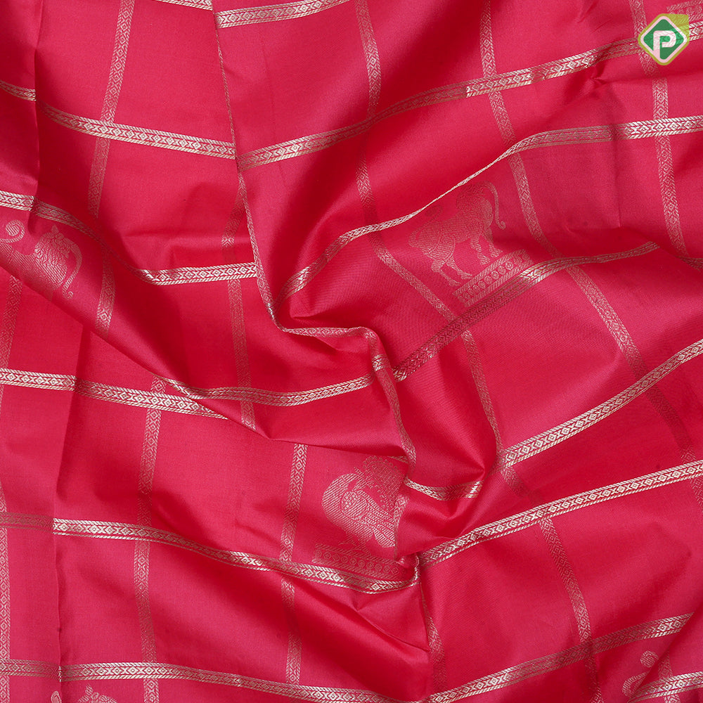 cream pink gold zari checked window panel blueish grey gold zari thilagam border traditional silk saree