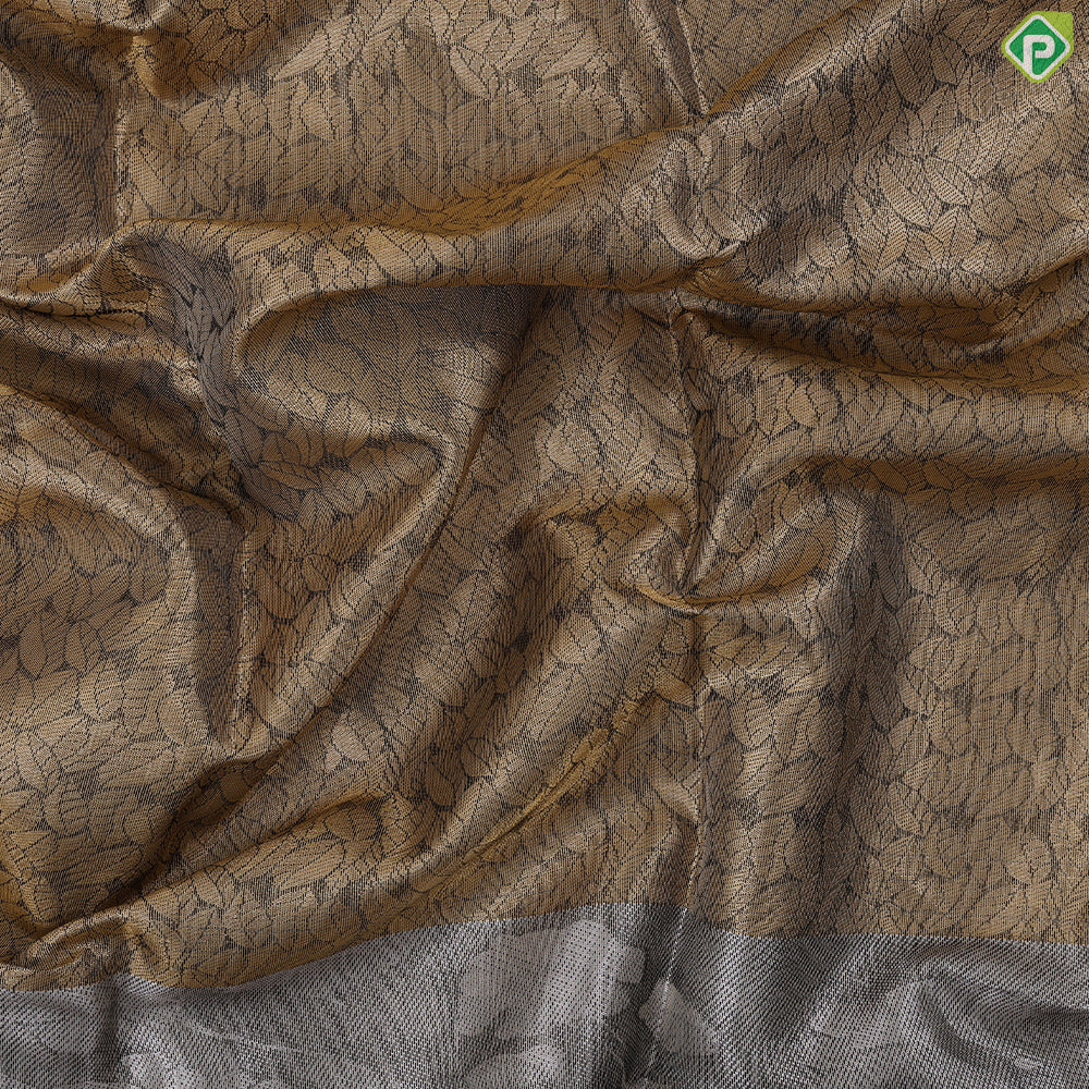 Golden yellow grand waves zari by zari weaved design Greyish self art effect scenery border trendy tissue silk saree