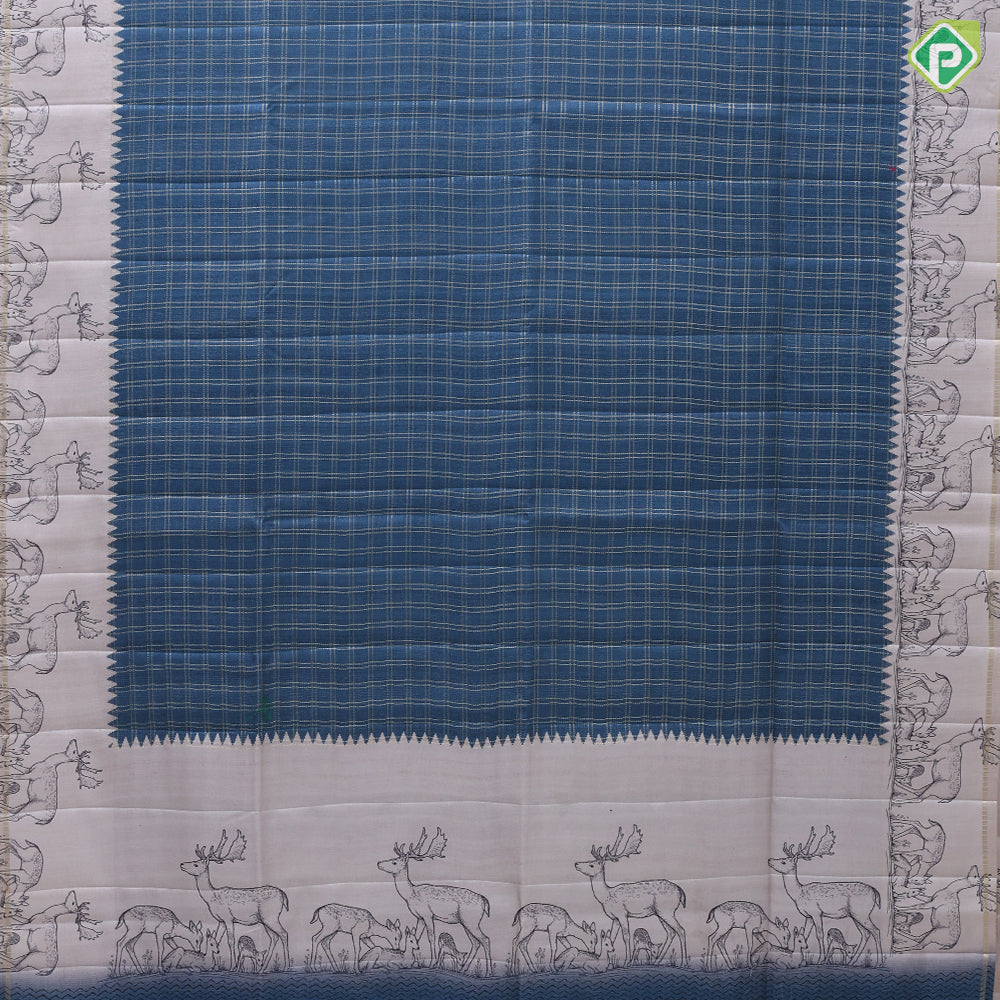 Dark color gold zari vairaoosi checks design cream deers printed fancy cotton saree