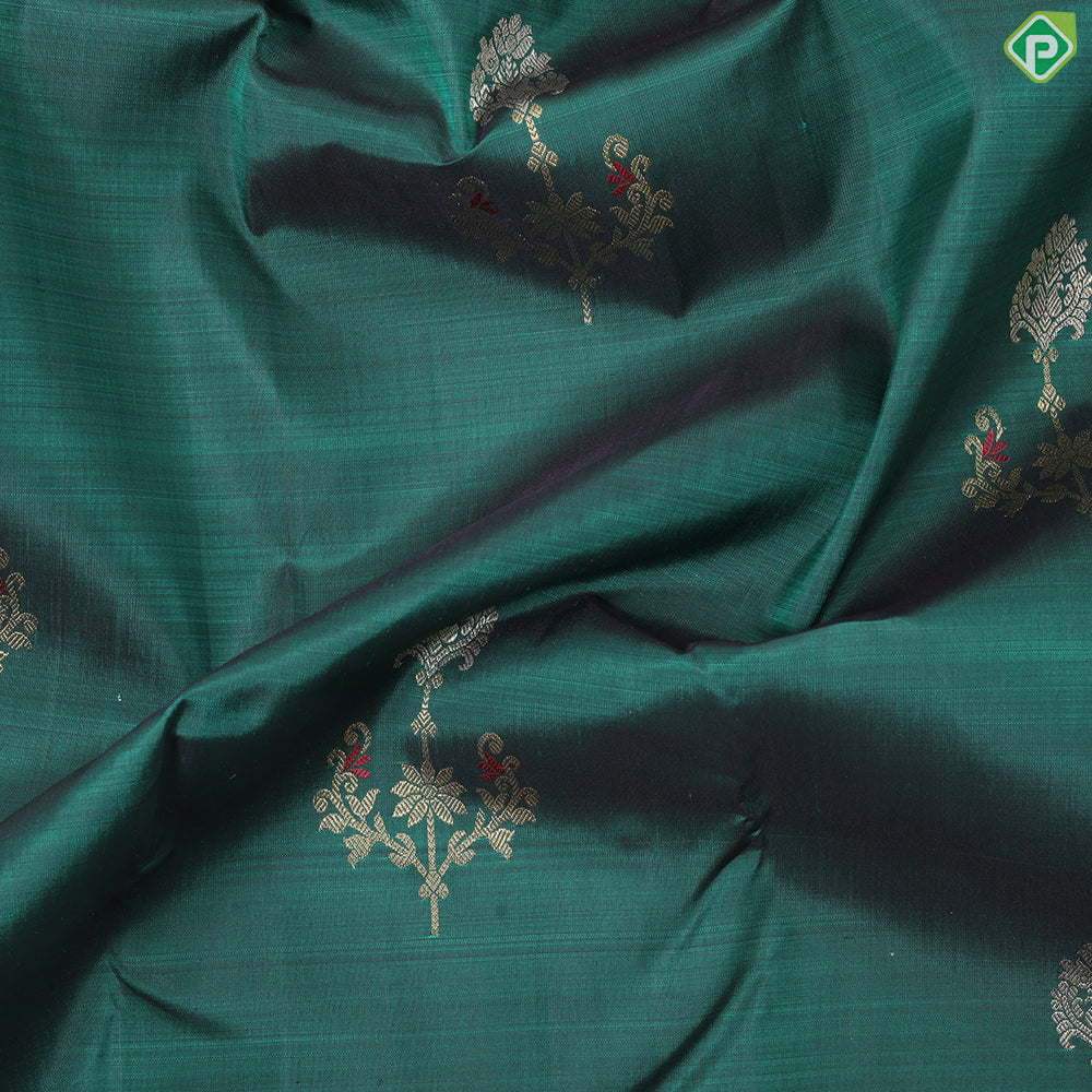 Bottle Green Gold Zari Big Flower Butta Design Contrast Cream White Rettapet Border Traditional Silk saree