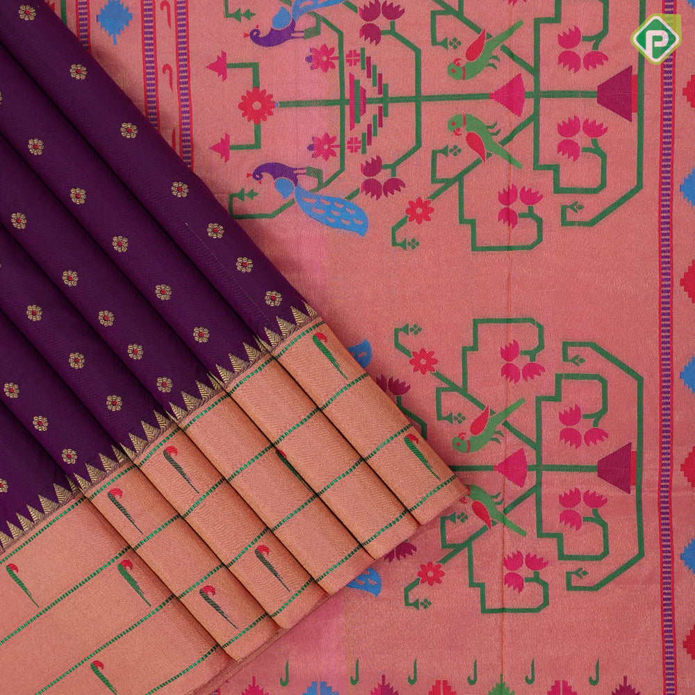 Purple gold zari flowers butta design onion pink gold zari paithani work border and pallu design banaras style silk saree