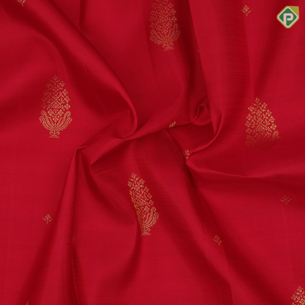 Tomato red gold zari thilagam and double gaja yaali butta self gold zari rettapattai border traditional silk saree