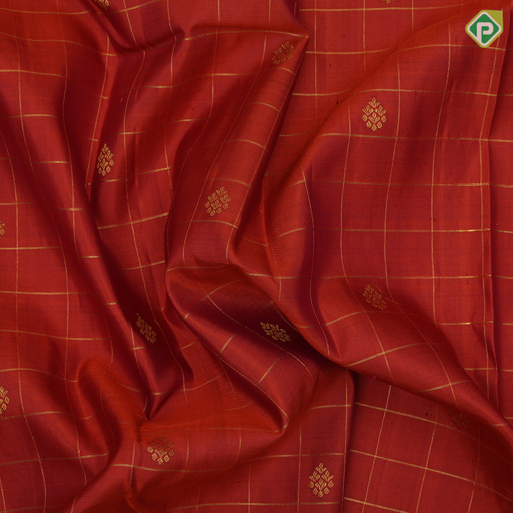 Rust Orange Gold Zari Checked Flower Motif Magenta Peacock Border Design Traditional Silk Saree