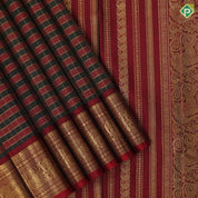 Black and maroon red gold zari kattam checks design maroon gold zari gaja yaali butta lines border traditional silk saree