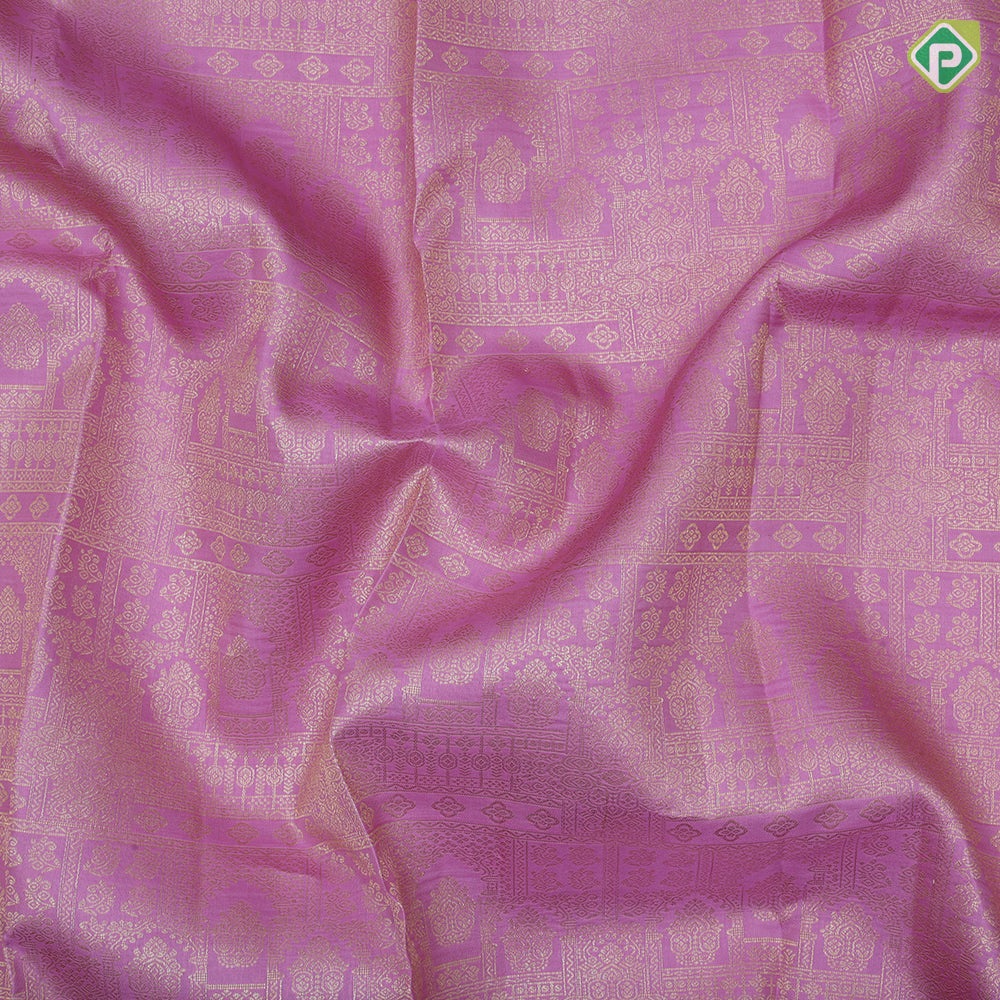Baby pink gold zari grand design contrast red gold zari double line border bridal silk saree