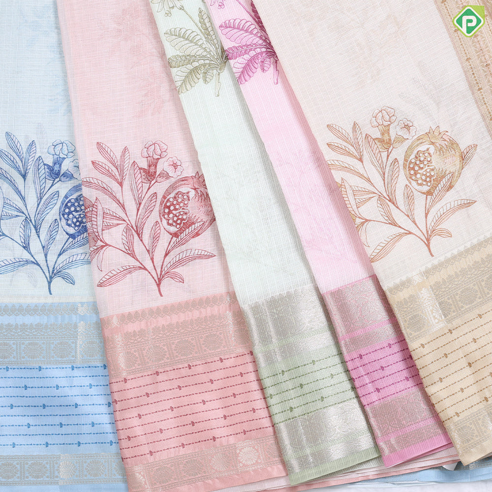 cardamon green with fancy flowers printed semi tusser fancy saree