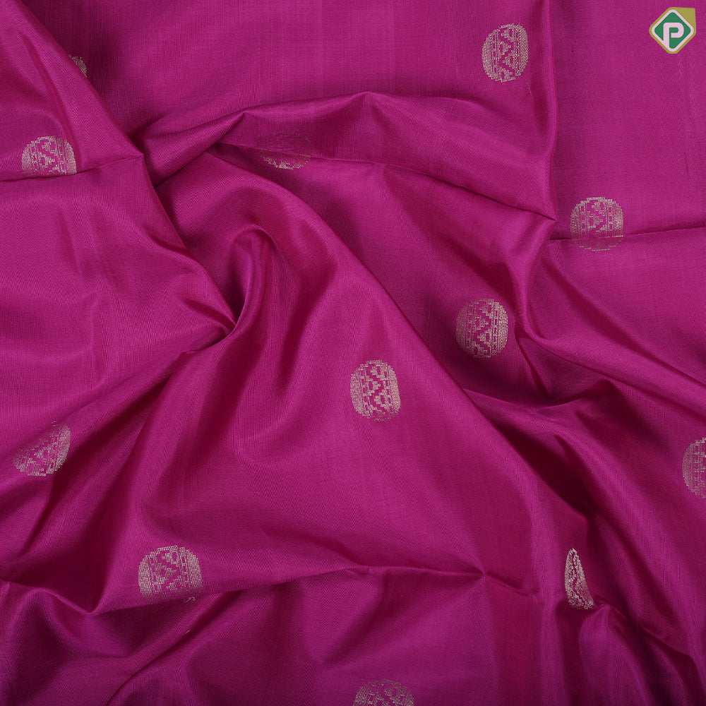 Rani pink silver gold zari round butta design Self gold zari border soft silk saree