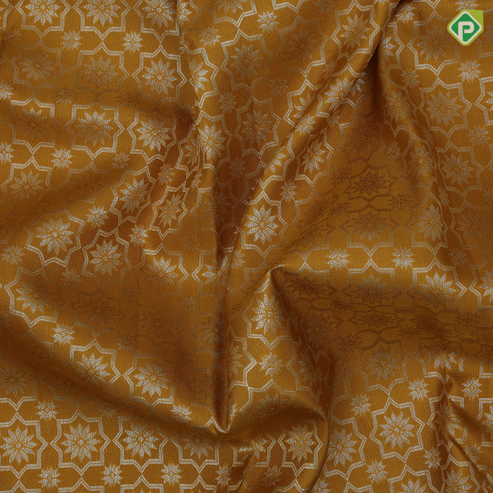 Golden yellow silver zari geometrical floral design self silver zari zig zag border grand silk saree