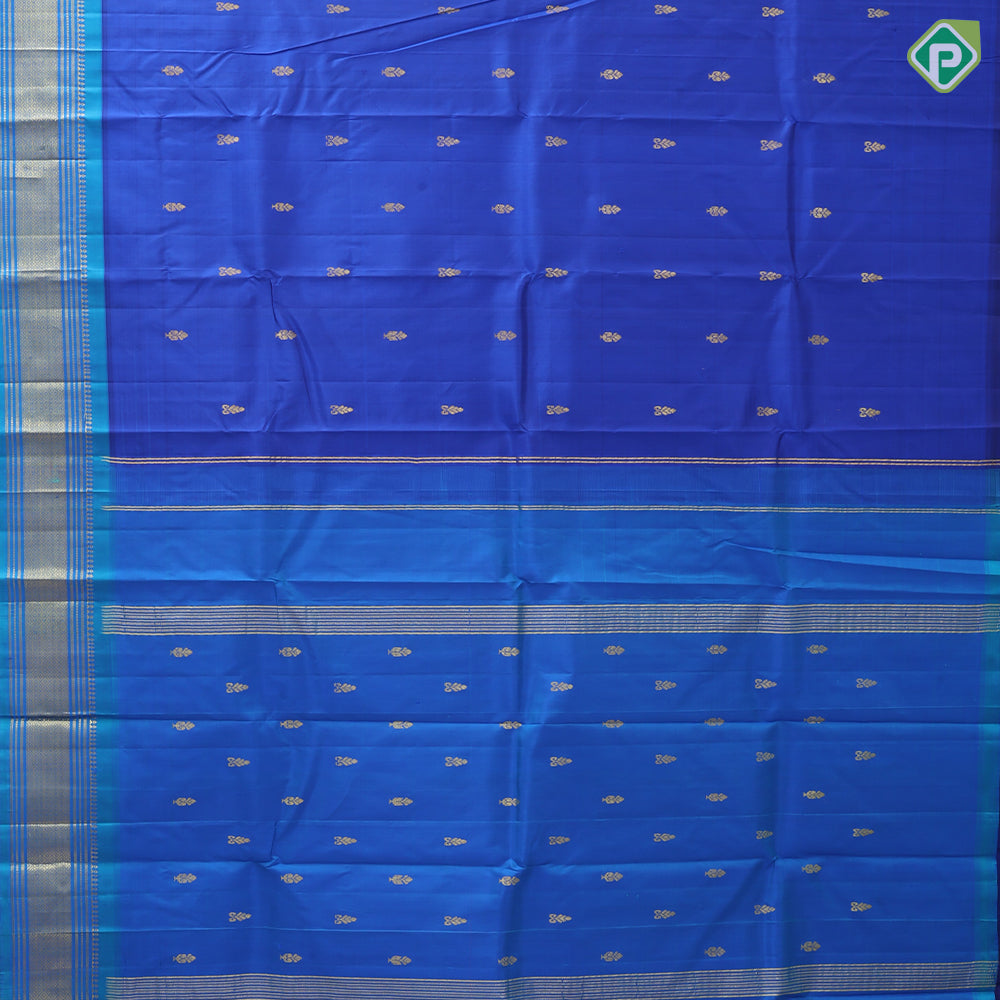 Royal blue gold zari fancy flower butta peacock blue gold zari diamond design one side border silk saree
