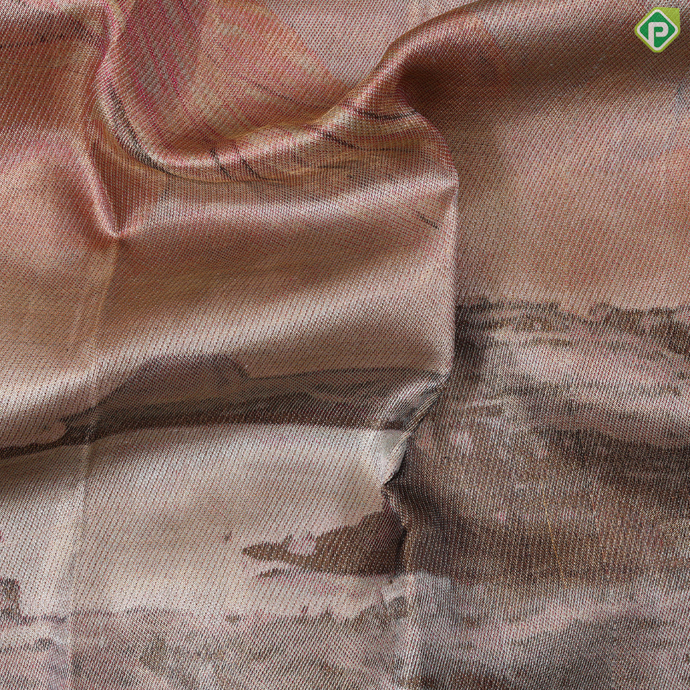 Multi color artistic Scenery effect weaved design dark onion pink plain border exclusive tissue silk saree