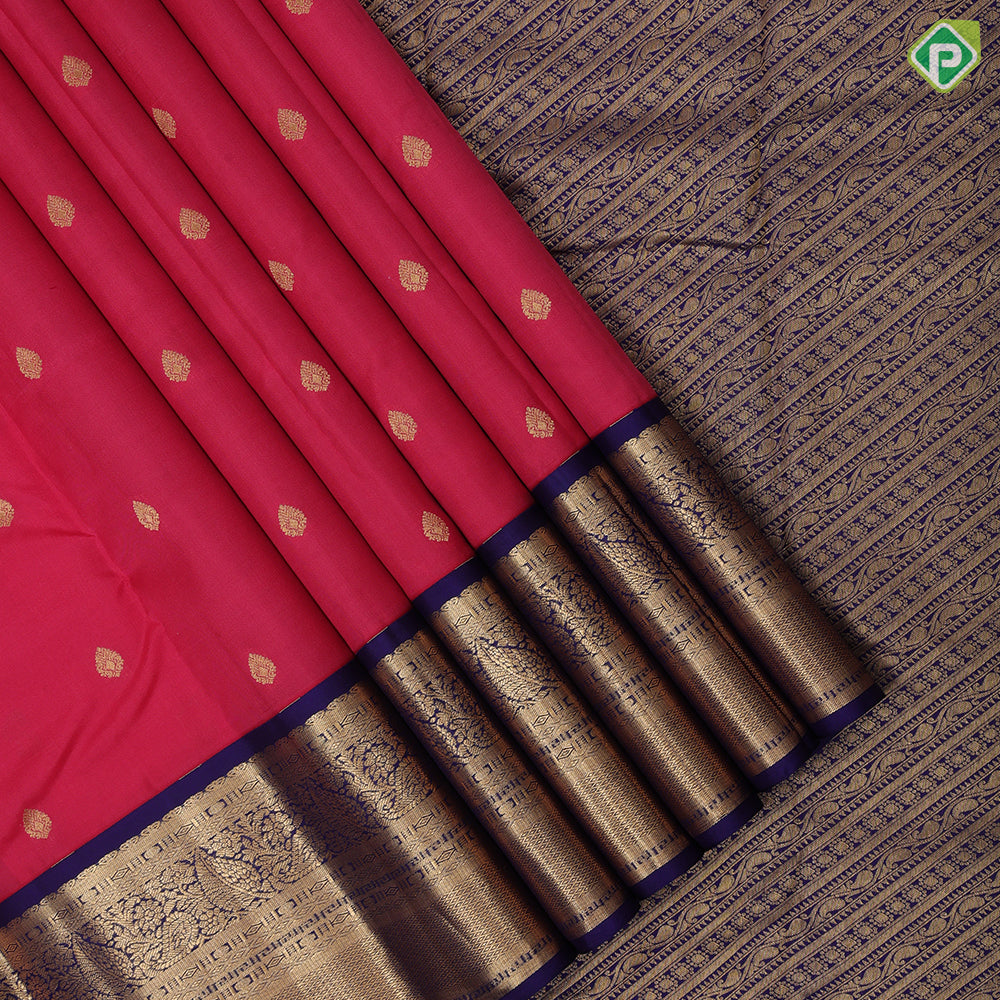 Dark Pink Gold Zari Thilagam Butta Design Royal Blue Ruthracham Mayilkan Border Design Traditional Silk Saree