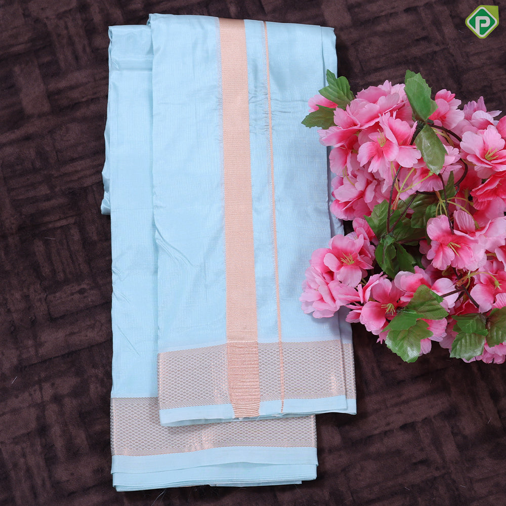 Rama Blue Gold Zari Mayilkan Border 2 in 1 Pure Mix Silk 8 Muzham Dhothi Set