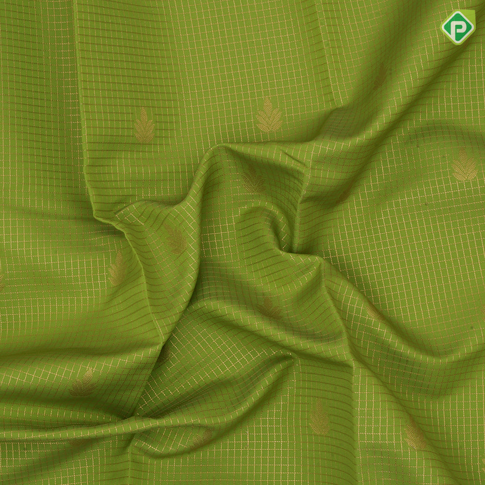 parrot green gold zari checks fancy flower butta fanta orange gold zari rangoli border Art silk saree