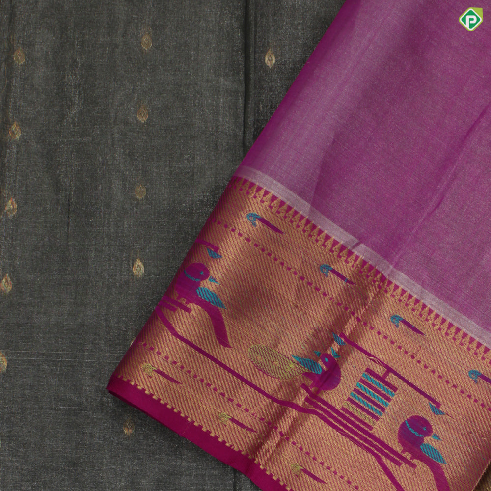 Steel Grey With Magenta Pink Colour Paithani Border Motifs Tissue Kuppadam Silk Cotton Saree