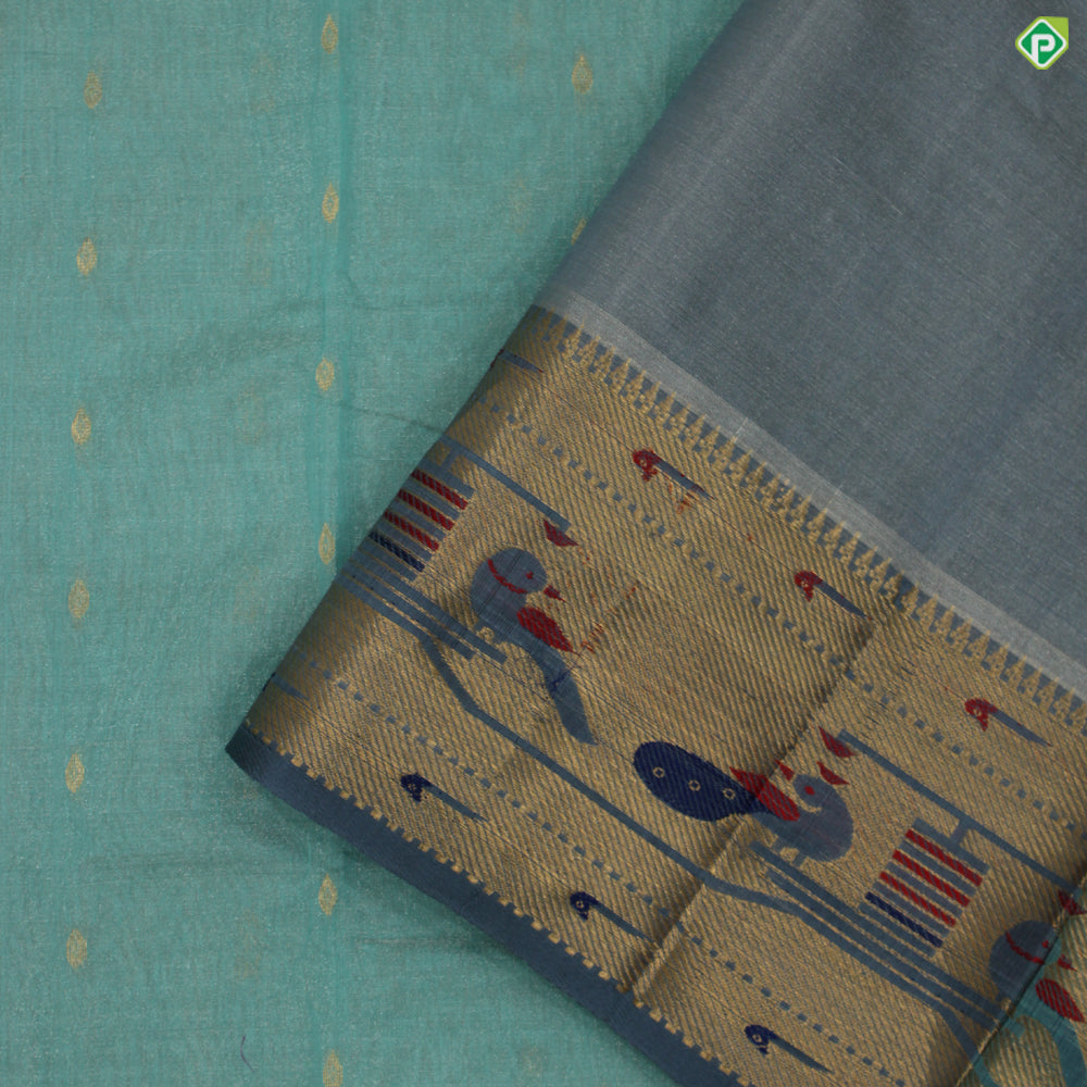 Sea blue With Blueish Grey Colour Paithani Work Border Tissue Kuppadam Silk Cotton Saree