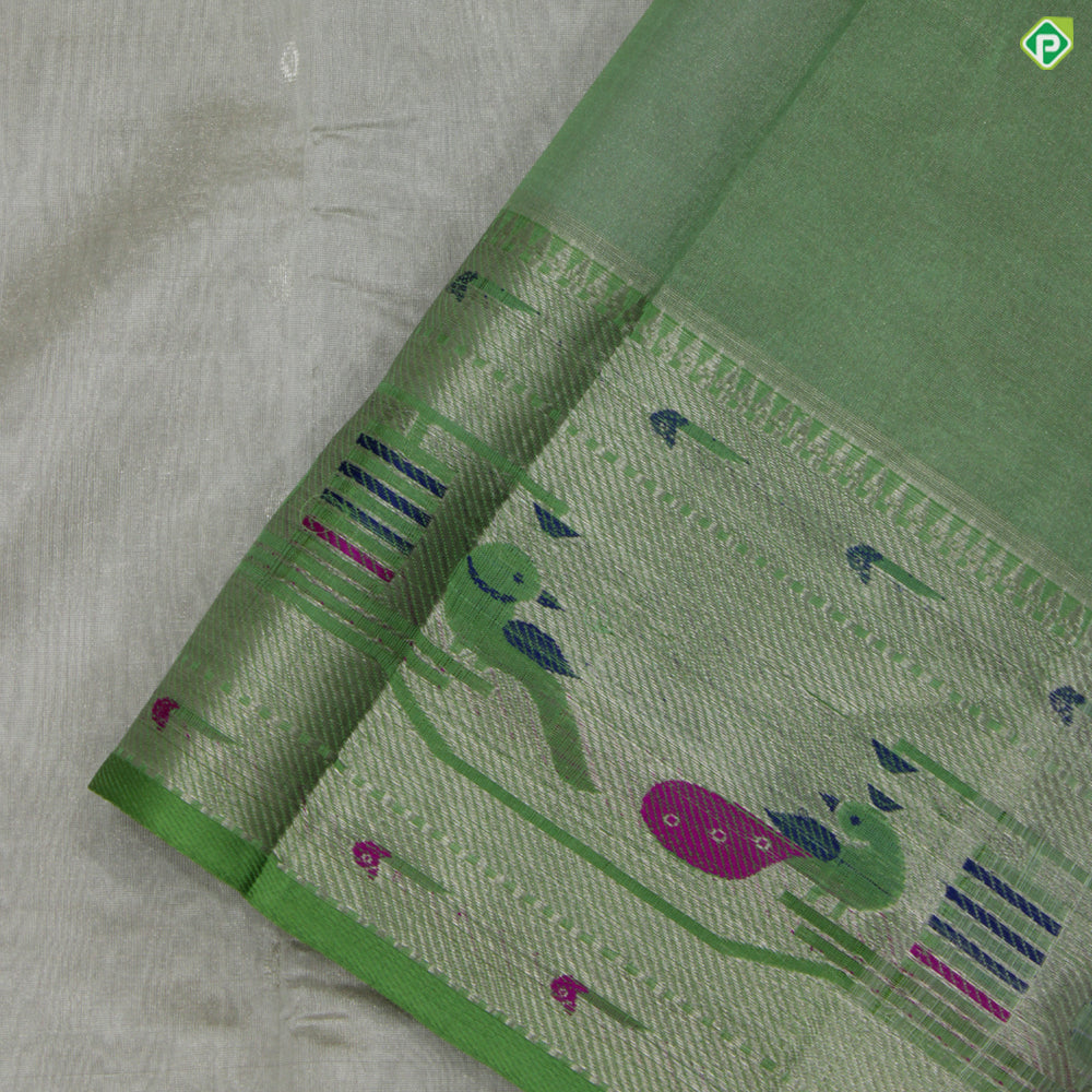 Silver Grey With Sage Green Colour Paithani Work Motifs Tissue Kuppadam Silk Cotton Saree