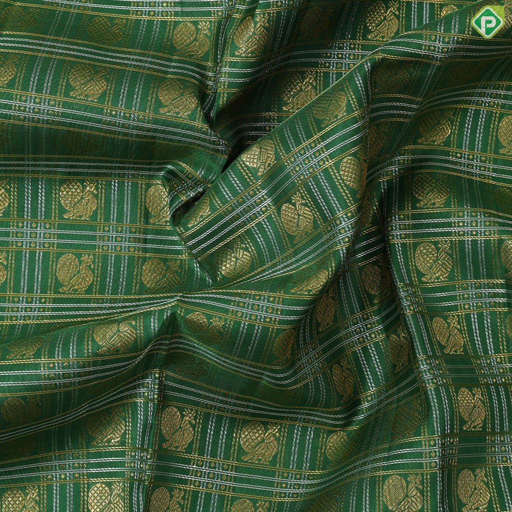 Dark green with peacock butta silver and gold zari checkered sea foam green border traditional silk saree