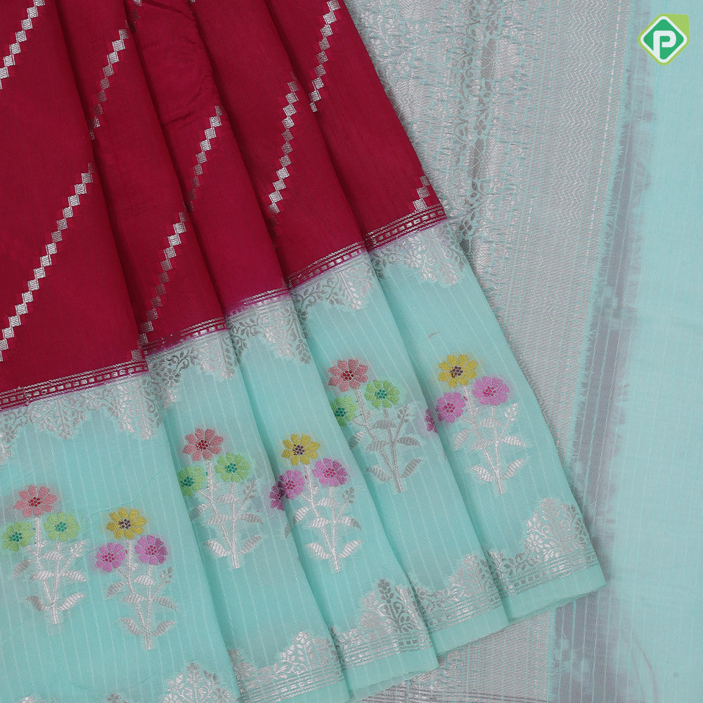 Dark Colour Based Silver Zari Diamond Cross Design Contrast Border Flower Design Fancy Cotton Saree