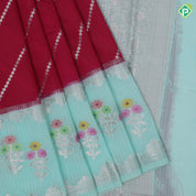 Dark Colour Based Silver Zari Diamond Cross Design Contrast Border Flower Design Fancy Cotton Saree