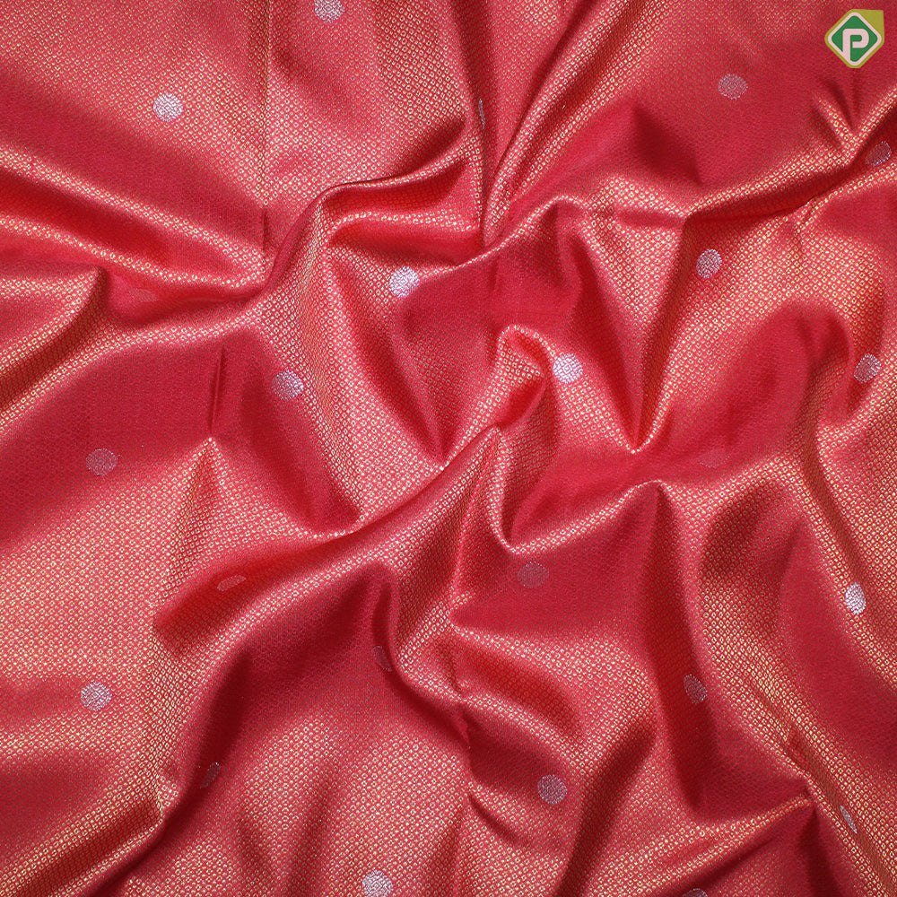 Rani Red With Gold Zari Small Circles and Silver Rudhraksham Self Colour Border Exclusive Bridal Silk Saree