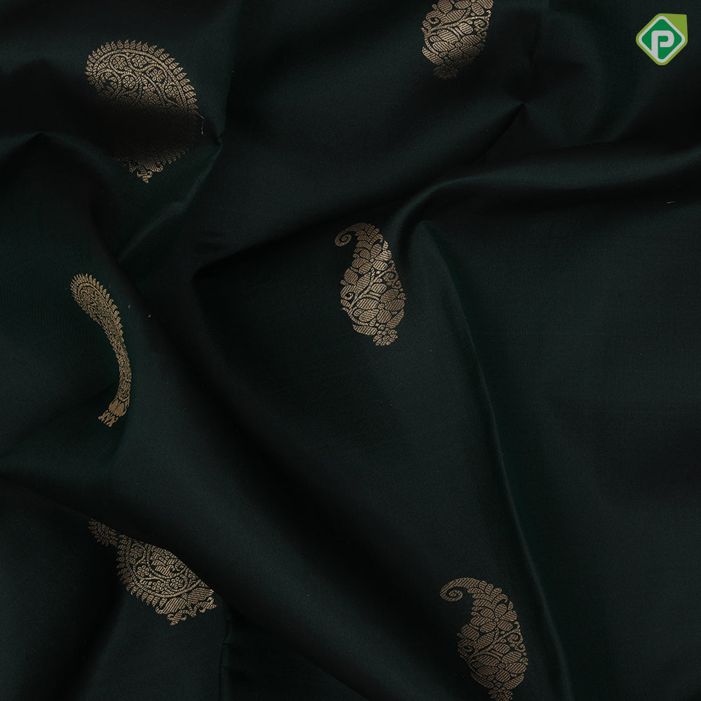 Bottle Green Gold Zari Manga Butta Design Rani Pink Mayilkan Horse Border Design Traditional Silk Saree