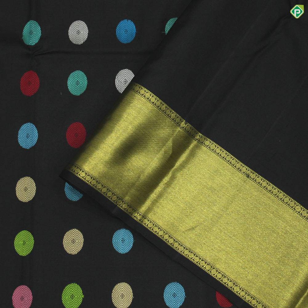Black Colour Big Folka Thread Work Motifs Golden Zari Luxury Black Silks Saree