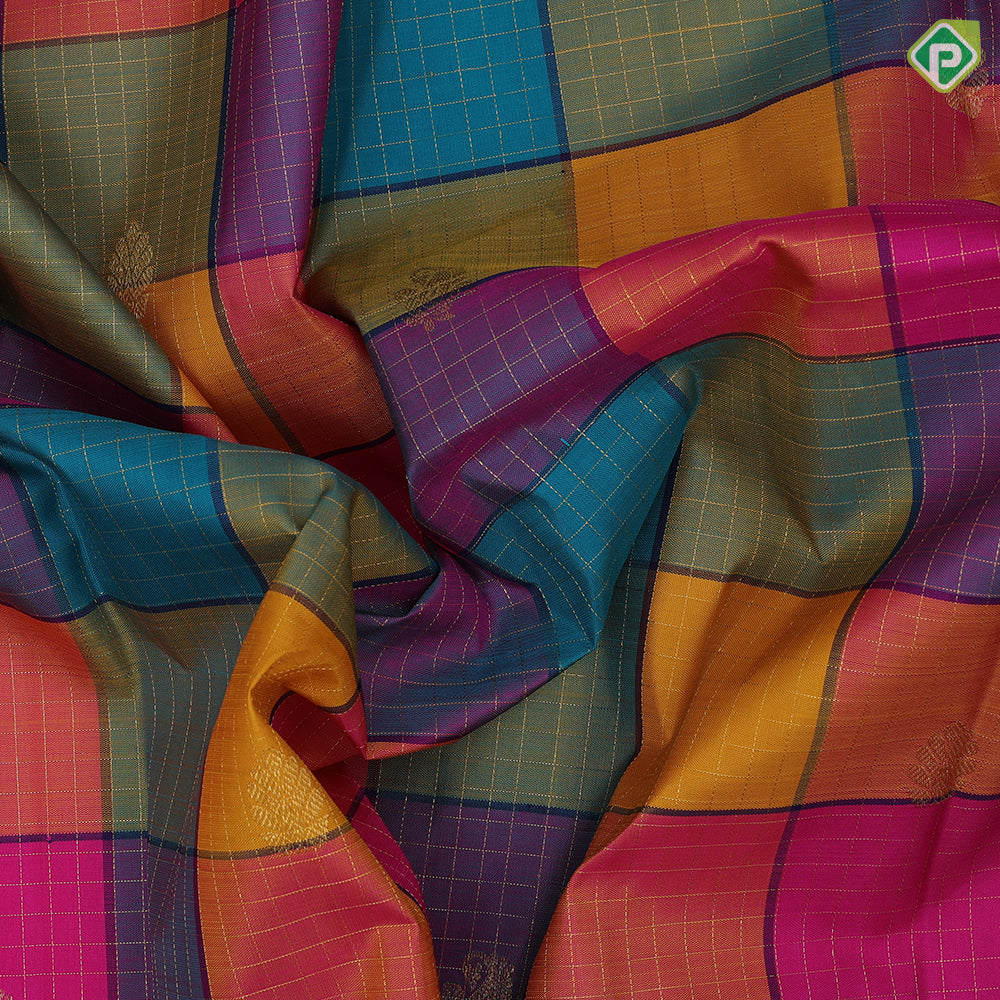 Multi color paalum pazhamum design gold zari butta and checks design contrast blue silver gold zari multi lines border traditional silk saree