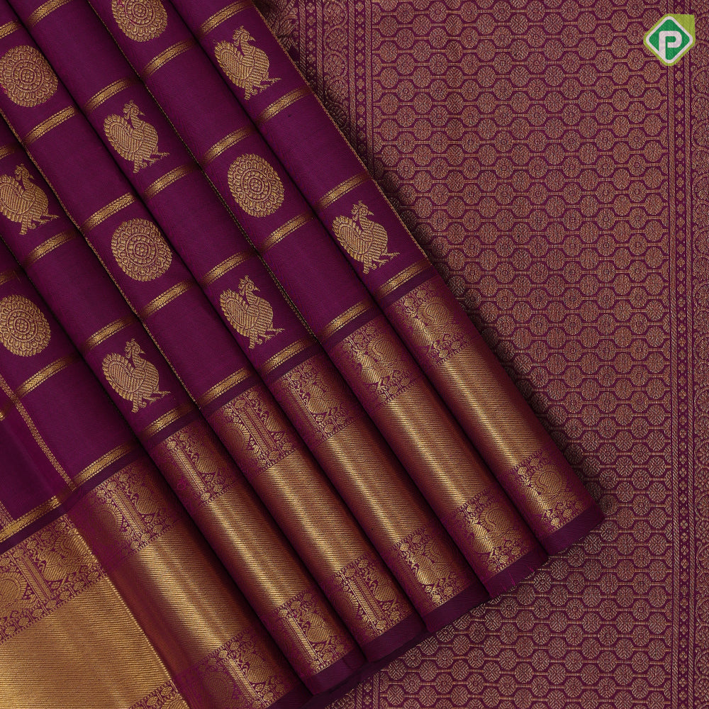 Magenta purple gold zari checks window panel butta design self gold zari peacock butta lines mid gap border traditional silk saree