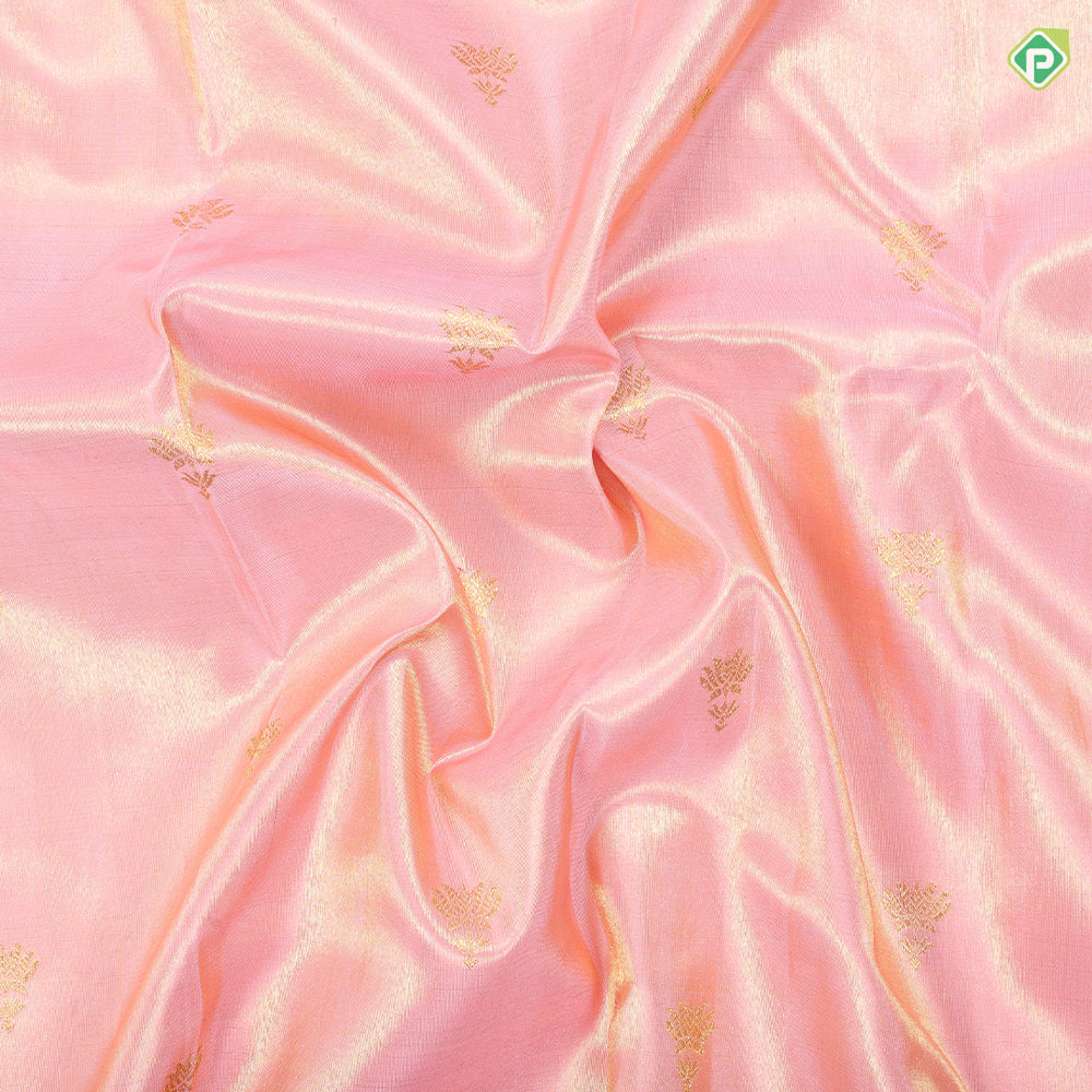 Peach Pink Gold Zari Fancy Flower butta design contrast red rettapet border traditional shimmer saree