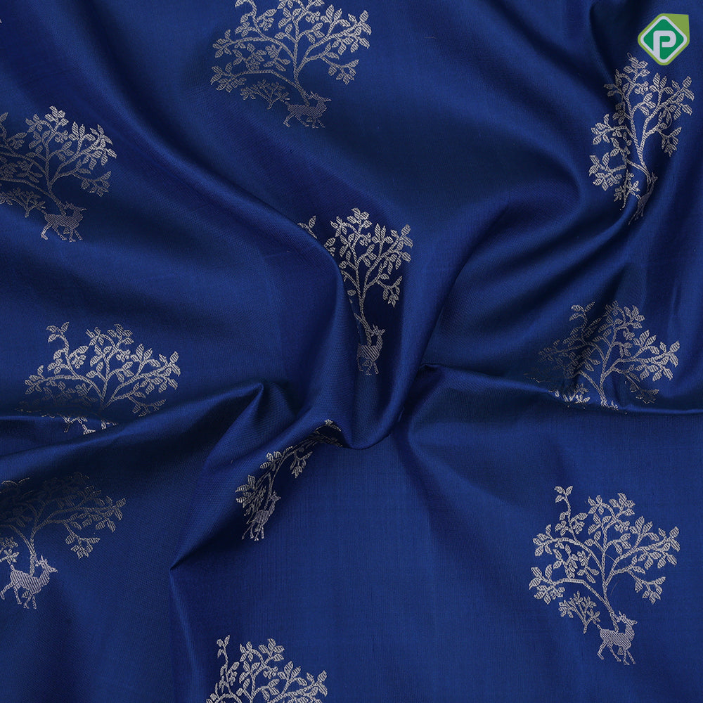 Teal blue silver zari deer plants fancy design self silver zari border soft silk saree
