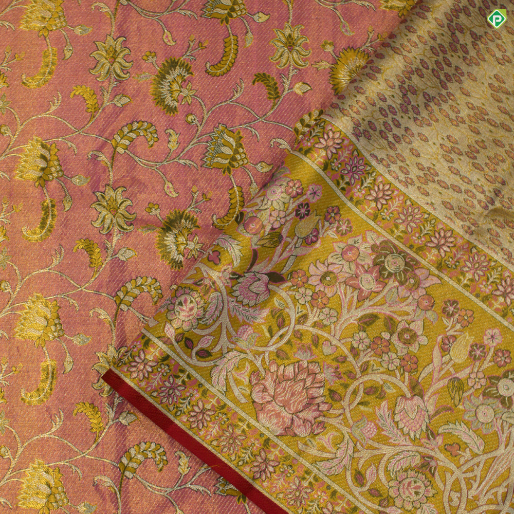 Bubble Cum Pink Big Floral Meena Work fancy Border Grand Tissue bridal Silks Saree