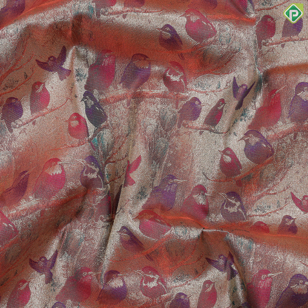 Brick orange multi color birds in forest inspired tissue contrast green silver gold zari diamond border trendy silk saree
