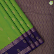 Pastel green gold zari fancy flower butta design contrast blue gold zari rettapet mid butta design art silk saree