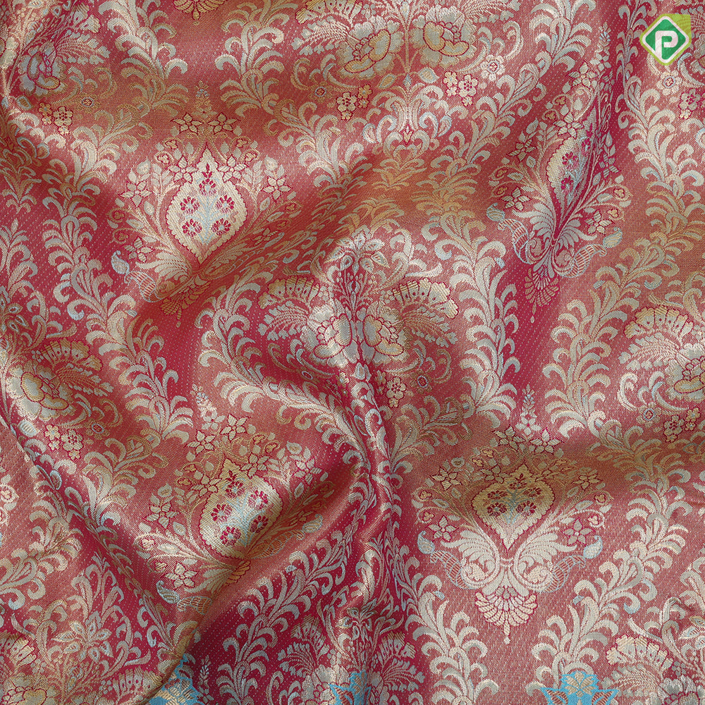 Onion pink grand floral design sea blue gold zari twitter bird flower fancy frame border tissue silk saree