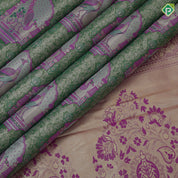 Mint green and thread work peacock in mandap design pink gold zari floral border tissue art silk saree