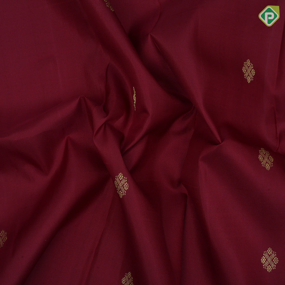 Beetroot red gold zari fancy round butta self gold zari peacock round butta border traditional silk saree