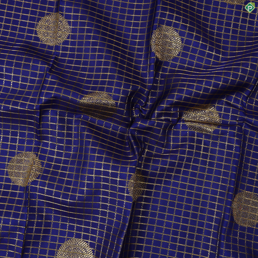 Royal Blue With Gold Zari Small Checked Gold Zari Multi Line Border Exclusive Bridal Silk Saree