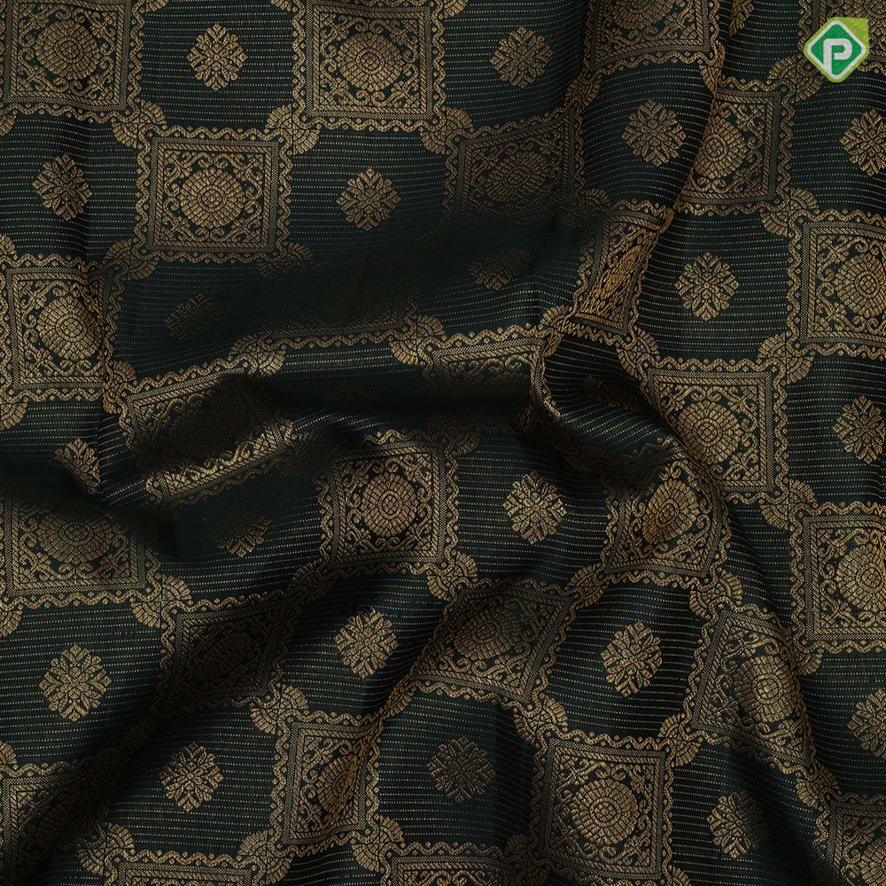 Olive green gold zari grand butta filled checks design self gold zari bentex border bridal silk saree