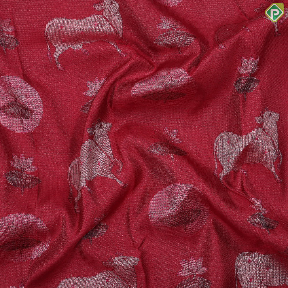 Beetroot red silver zari cow and lotus Pichwai painting Inspired rare signature edition silk saree