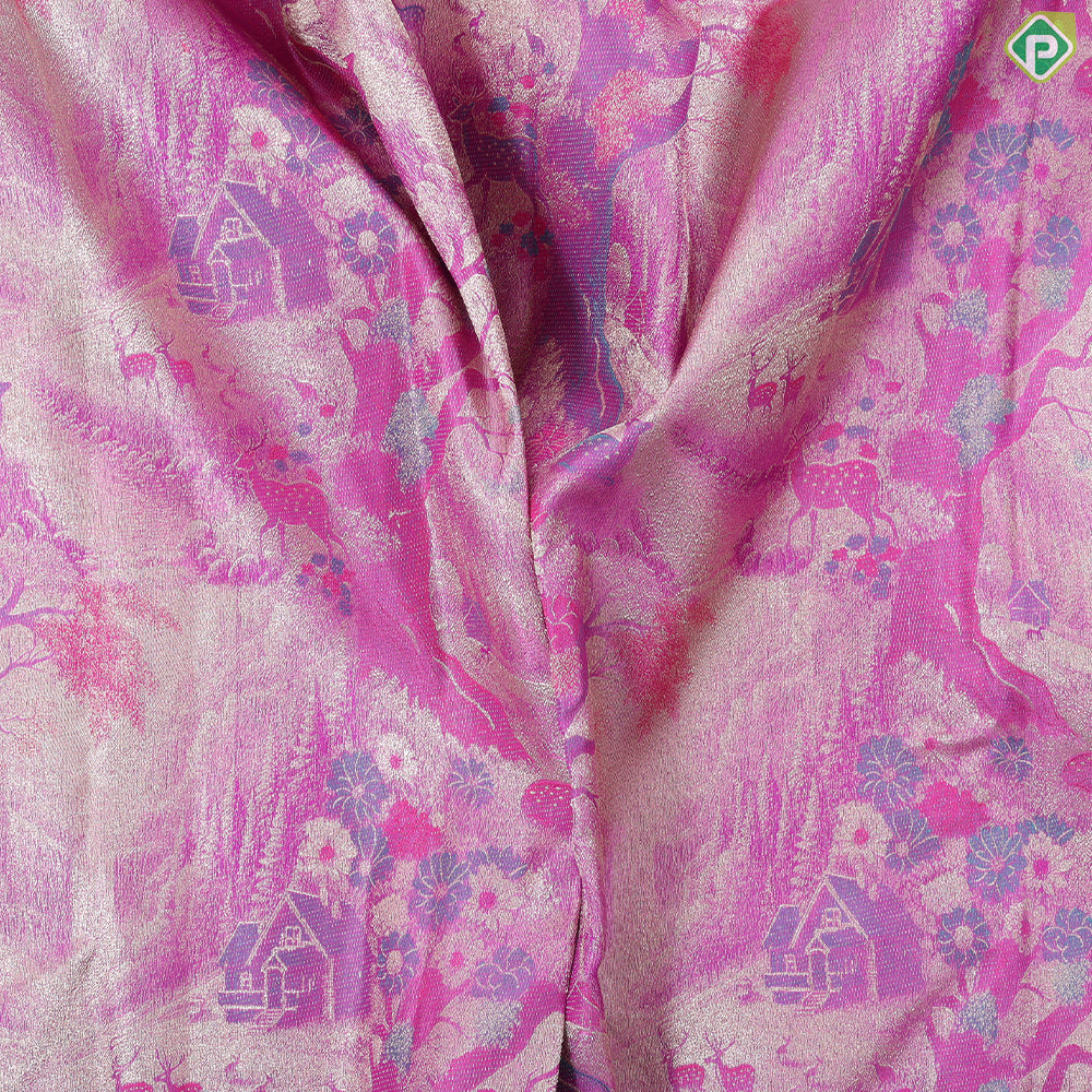 Rose Pink Self Krishna Radha Romance tissue weaved design Purple silver gold zari Border trendy tissue silk saree